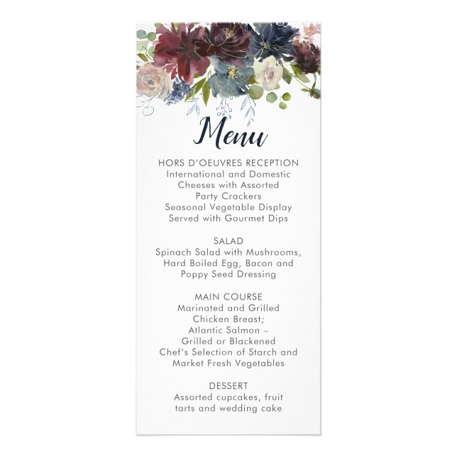 Rustic Navy Burgundy Marsala Floral Wedding Menu (Front)