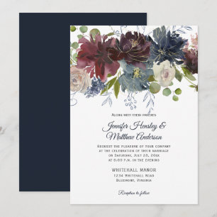 Rustic Navy Burgundy Marsala Gold Floral Wedding Invitation