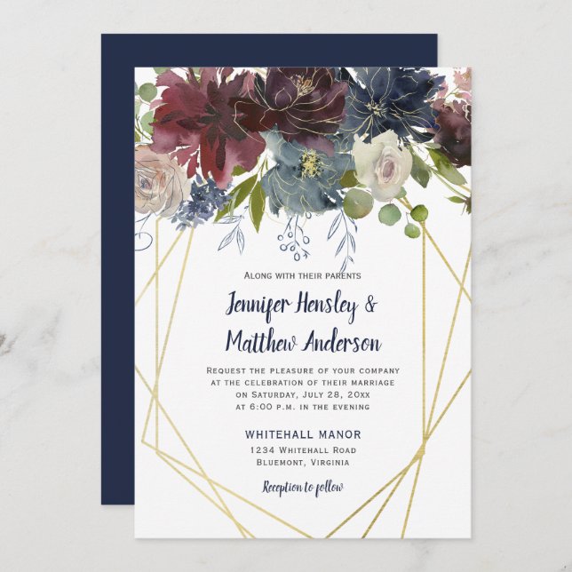 Rustic Navy Burgundy Rose Geometric Floral Wedding Invitation (Front/Back)