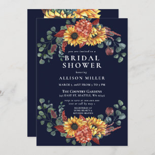 Rustic  Navy Burgundy Sunflowers Bridal Shower Invitation