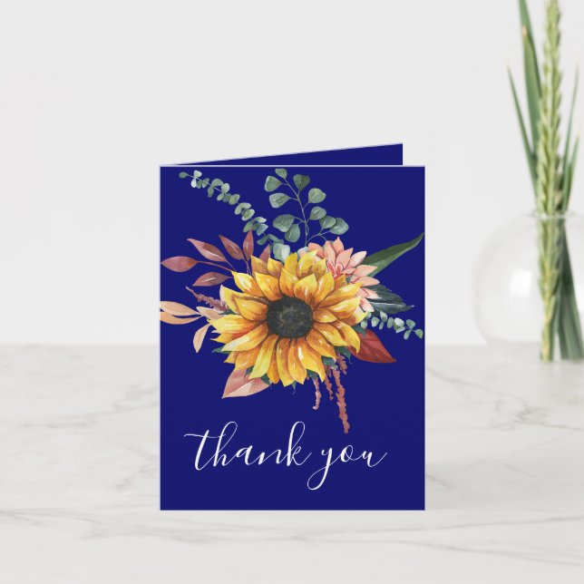 Rustic Navy Burgundy Sunflowers Thank You Card (Front)