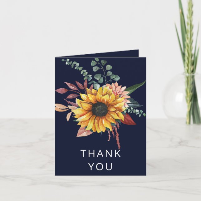 Rustic Navy Burgundy Sunflowers Thank You Card (Front)