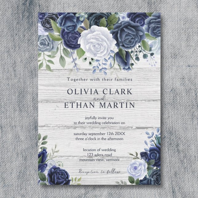 Rustic Navy Dusty Blue Watercolor Floral Wood Invitation (Creator Uploaded)