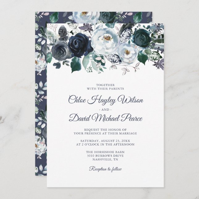 Rustic Navy Dusty Blue Watercolor Wedding Invitation (Front/Back)