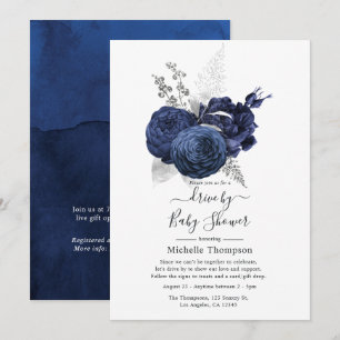 Rustic Navy & Faux Glitter Silver Drive By Shower Invitation