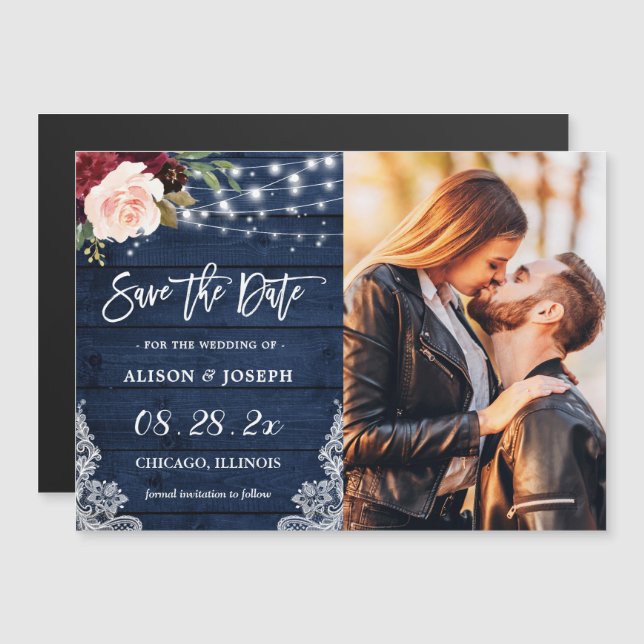 Rustic Navy Floral Save the Date Magnetic Card (Front/Back)