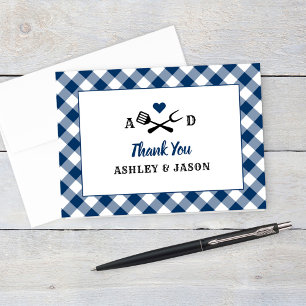 Rustic Navy Gingham Plaid BBQ Wedding Monogram Thank You Card