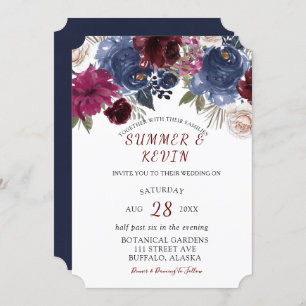 Rustic Navy Marsala Blush Peony Chic Wedding Invitation