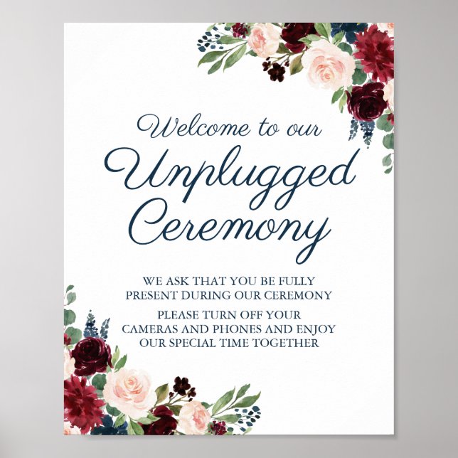 Rustic Navy Marsala Floral Unplugged Ceremony Sign (Front)