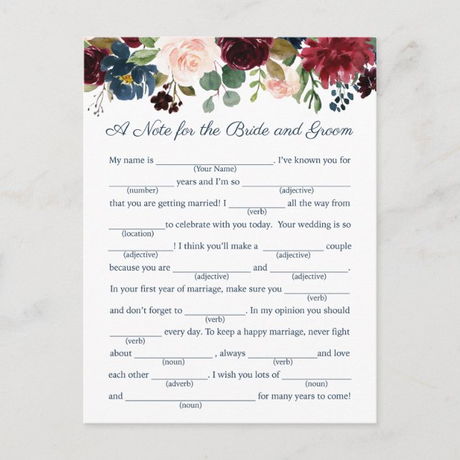 Rustic Navy Marsala Floral Wedding Advice Cards (Front)