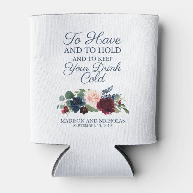Rustic Navy Marsala Floral Wedding Can Coolers (Front)