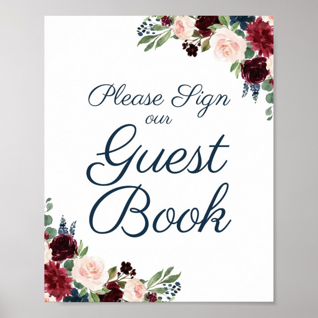 Rustic Navy Marsala Floral Wedding Guest Book Sign (Front)