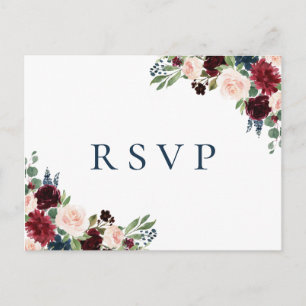 Rustic Navy Marsala Floral Wedding RSVP Postcards