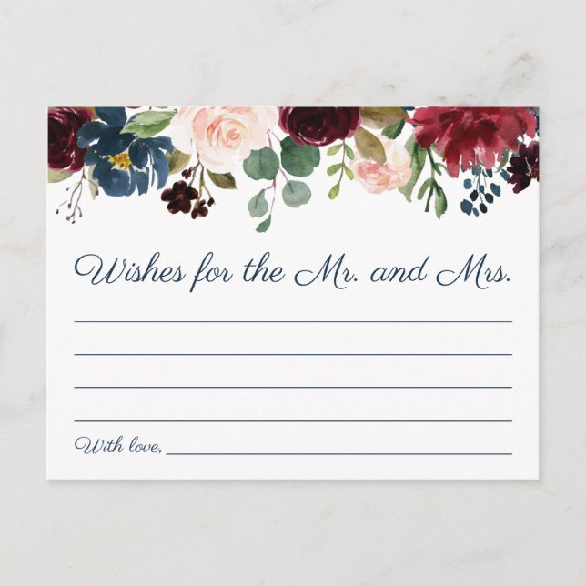 Rustic Navy Marsala Floral Wedding Wishes Cards (Front)