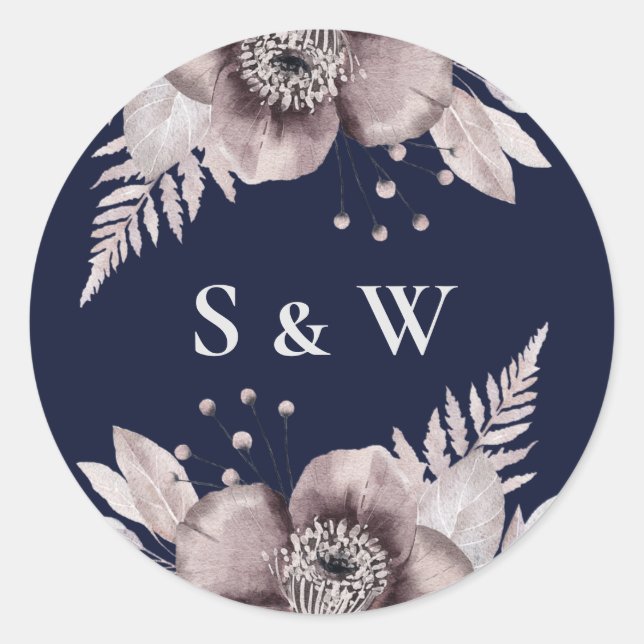 Rustic Navy Mauve Floral Botanical Wedding Classic Round Sticker (Front)