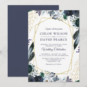 Rustic Navy Peony Gold Geometric Frame Wedding Invitation