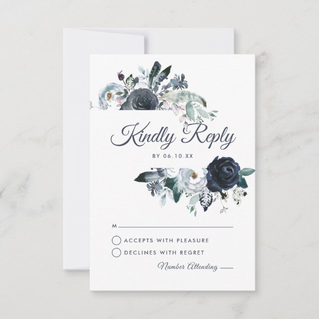 Rustic Navy Peony Watercolor Wedding RSVP (Front)