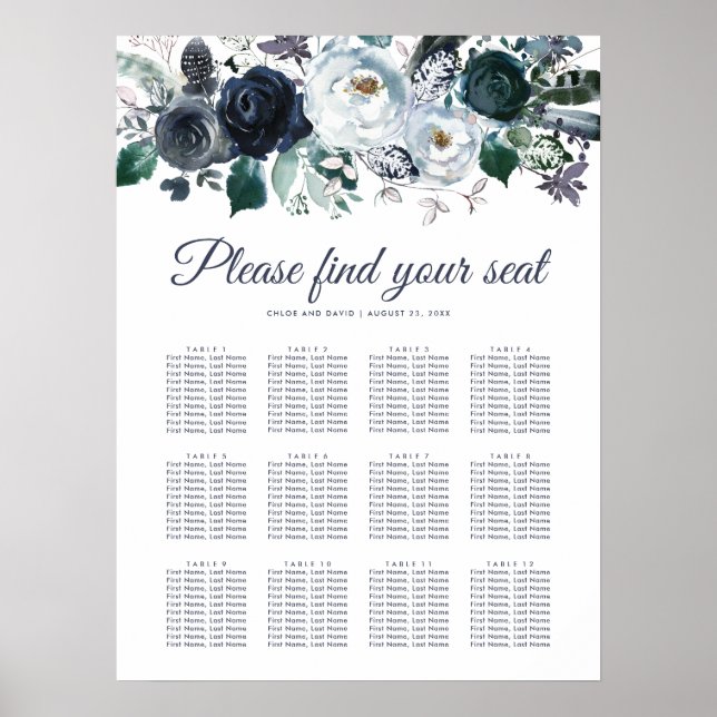 Rustic Navy Peony Wedding 12 Table Seating Chart (Front)