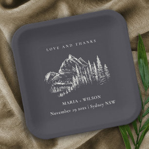 Rustic Navy Pine Woods Mountain Sketch Wedding Paper Plate