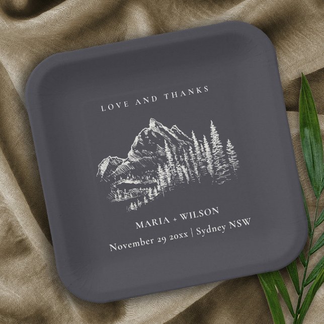 Rustic Navy Pine Woods Mountain Sketch Wedding Paper Plate (Creator Uploaded)