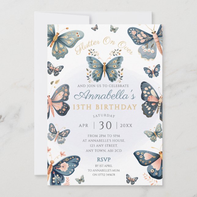 Rustic Navy & Pink Butterfly Party Invitation (Front)
