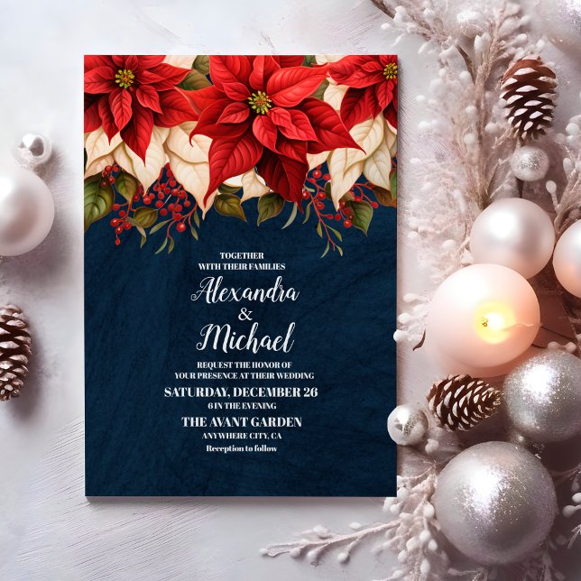 Rustic Navy Poinsettia Floral Christmas Wedding Invitation (Creator Uploaded)