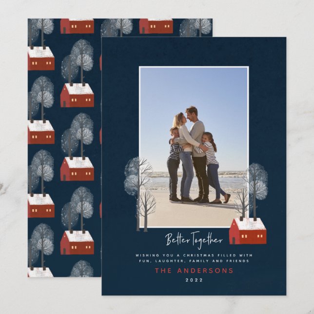 Rustic navy red scandi traditional photo Christmas Announcement (Front/Back)