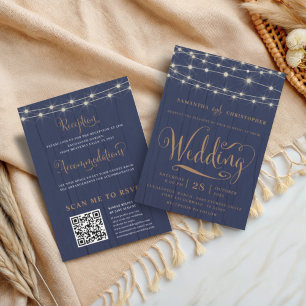 Rustic Navy String Lights All in One Wedding Invitation