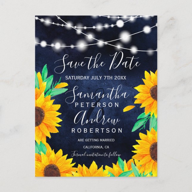 Rustic navy string lights sunflowers save the date announcement postcard (Front)