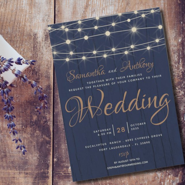 Rustic Navy String Lights Wedding Invitation (Creator Uploaded)