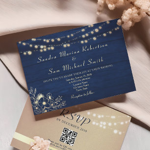 Rustic Navy String Lights Wedding Invite