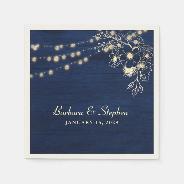 Rustic Navy String Lights Wedding Napkins (Front)