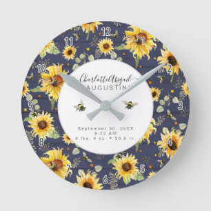 Rustic Navy Sunflower Bee Yellow Birth Stats Baby Round Clock