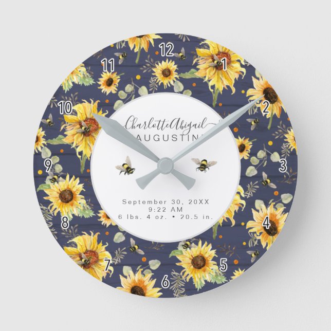 Rustic Navy Sunflower Bee Yellow Birth Stats Baby Round Clock (Front)
