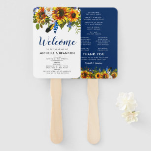 Rustic Navy Sunflower Boho Wedding Program Hand Fan