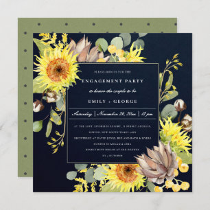 RUSTIC NAVY SUNFLOWER EUCALYPTUS FLORAL ENGAGEMENT INVITATION