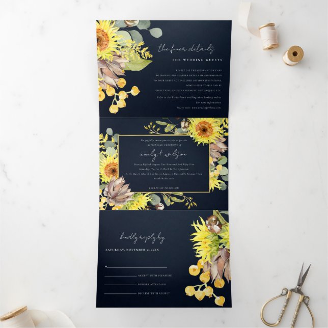 RUSTIC NAVY SUNFLOWER EUCALYPTUS FLORAL WEDDING Tri-Fold INVITATION (Inside)