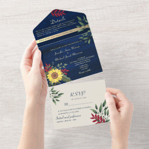 Rustic Navy Sunflower Wedding All In One Invitation