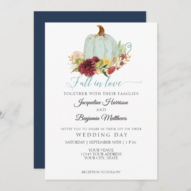 Rustic Navy Watercolor Pumpkin Burgundy Floral Invitation (Front/Back)