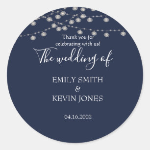 Rustic navy wedding invitation with string lights classic round sticker