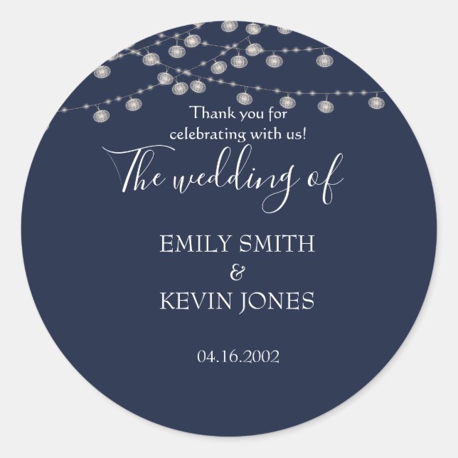 Rustic navy wedding invitation with string lights classic round sticker (Front)