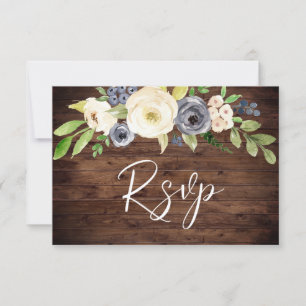 Rustic Navy & White Watercolor Flowers Wedding RSVP Card