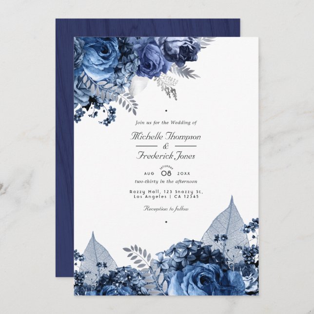 Rustic Navy & White with Silver QR Code Wedding Invitation (Front/Back)