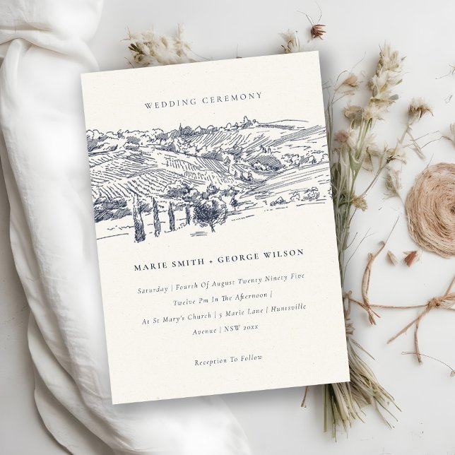 Rustic Navy Winery Mountain Sketch Wedding Invite (Creator Uploaded)