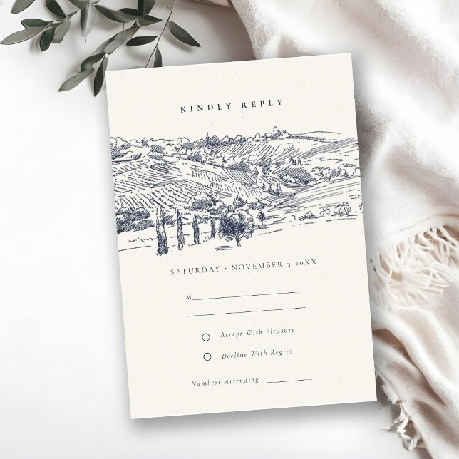 Rustic Navy Winery Mountain Sketch Wedding RSVP Enclosure Card (Creator Uploaded)