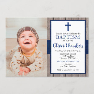 Rustic Navy & Wood Boy Photo Baptism Invitation