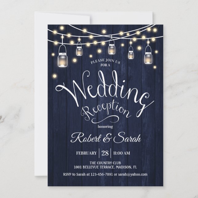Rustic Navy Wood & Lights Wedding Reception Invitation (Front)