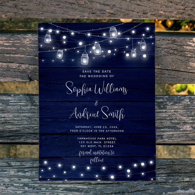 Rustic Navy Wood Mason Jars Lights Save the Date  Invitation (Creator Uploaded)