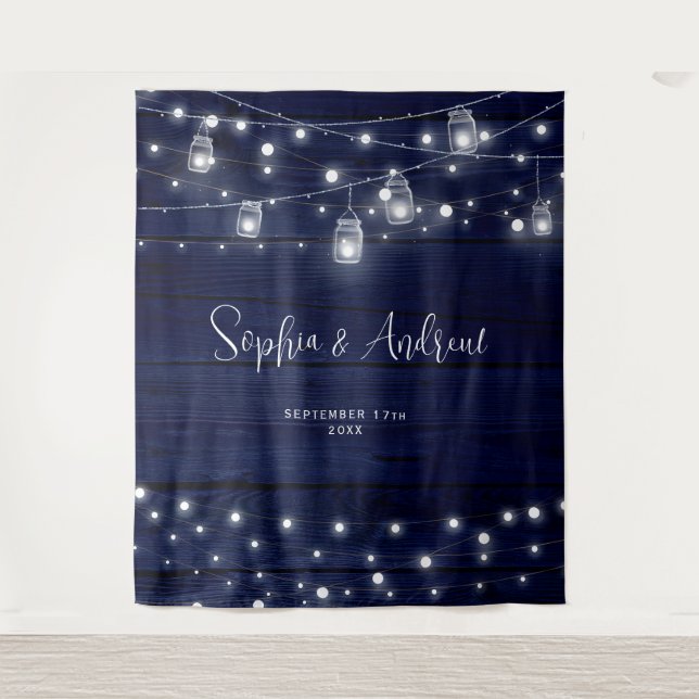 Rustic Navy Wood Mason Jars Lights Tapestry (Front)