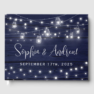 Rustic Navy Wood Mason Jars Lights Wedding Guest Book